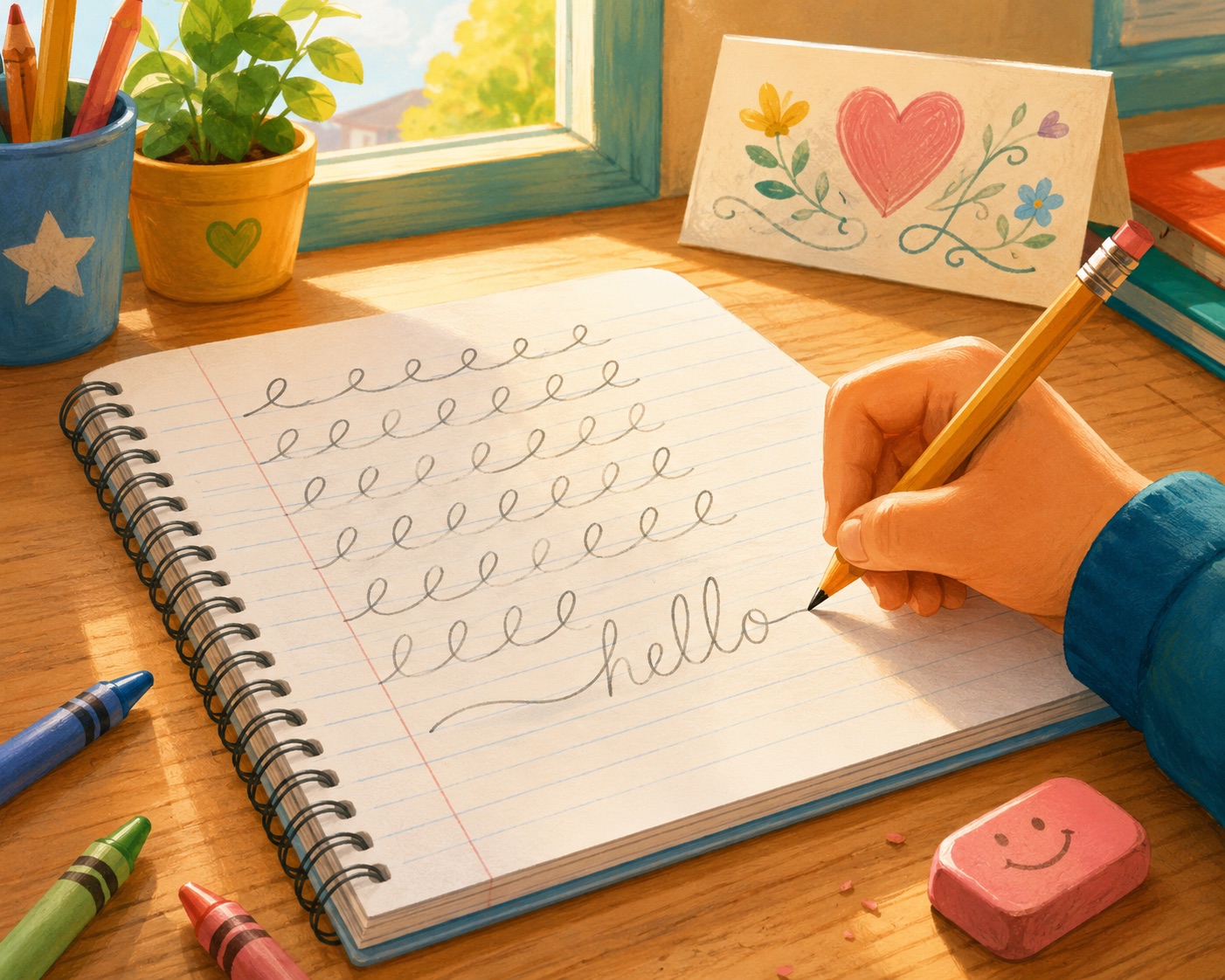 An illustration of a child's hand practicing cursive loops in a spiral notebook at a sunny desk, ending in the word 'hello,' with a heart-decorated card and crayons nearby