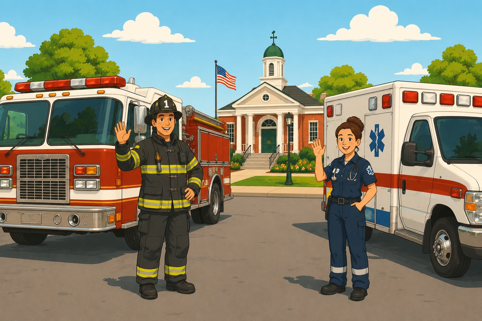 An illustration of a volunteer firefighter and a volunteer paramedic waving in front of their fire truck and ambulance outside Wyckoff's town hall