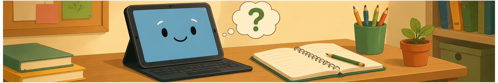 An illustration of a friendly tablet character on a school desk next to an open notebook, with a thought bubble containing a question mark