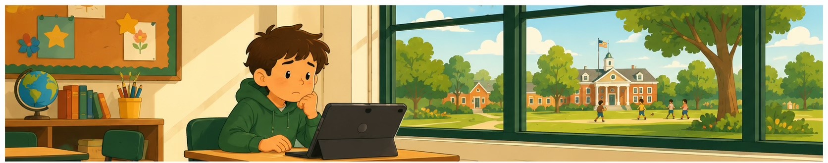 An illustration of a kid looking at a tablet screen at a classroom desk, with a sunny schoolyard visible through the window behind them