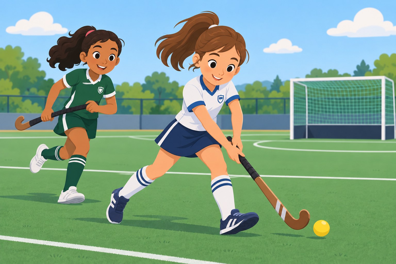 An illustration of two girls playing field hockey on a turf field, one swinging a curved stick at a small yellow ball while the other runs to catch up, with a goal net in the background